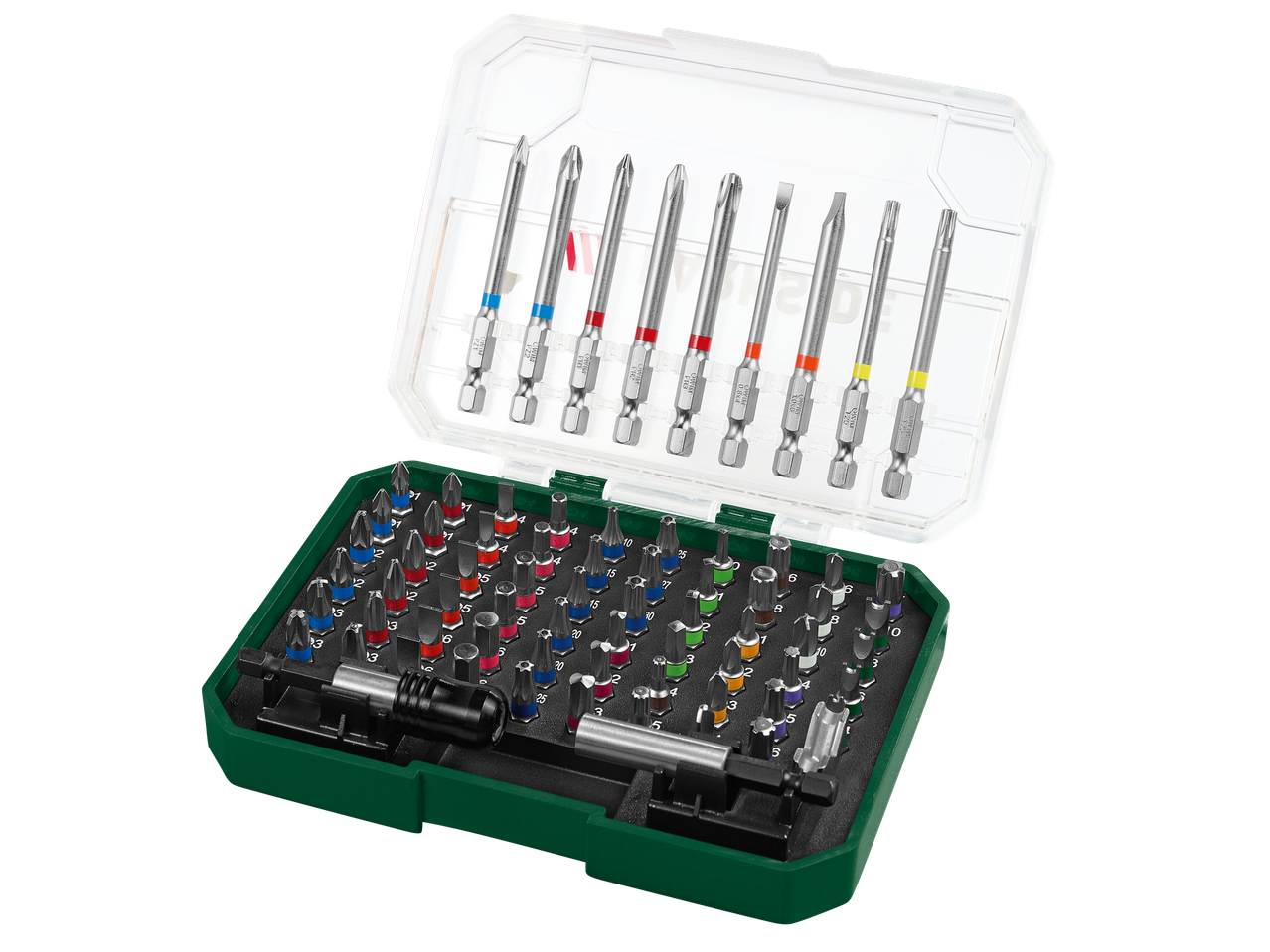 Parkside® otsikute ja padrunvõtmete komplekt rohelises karbis.