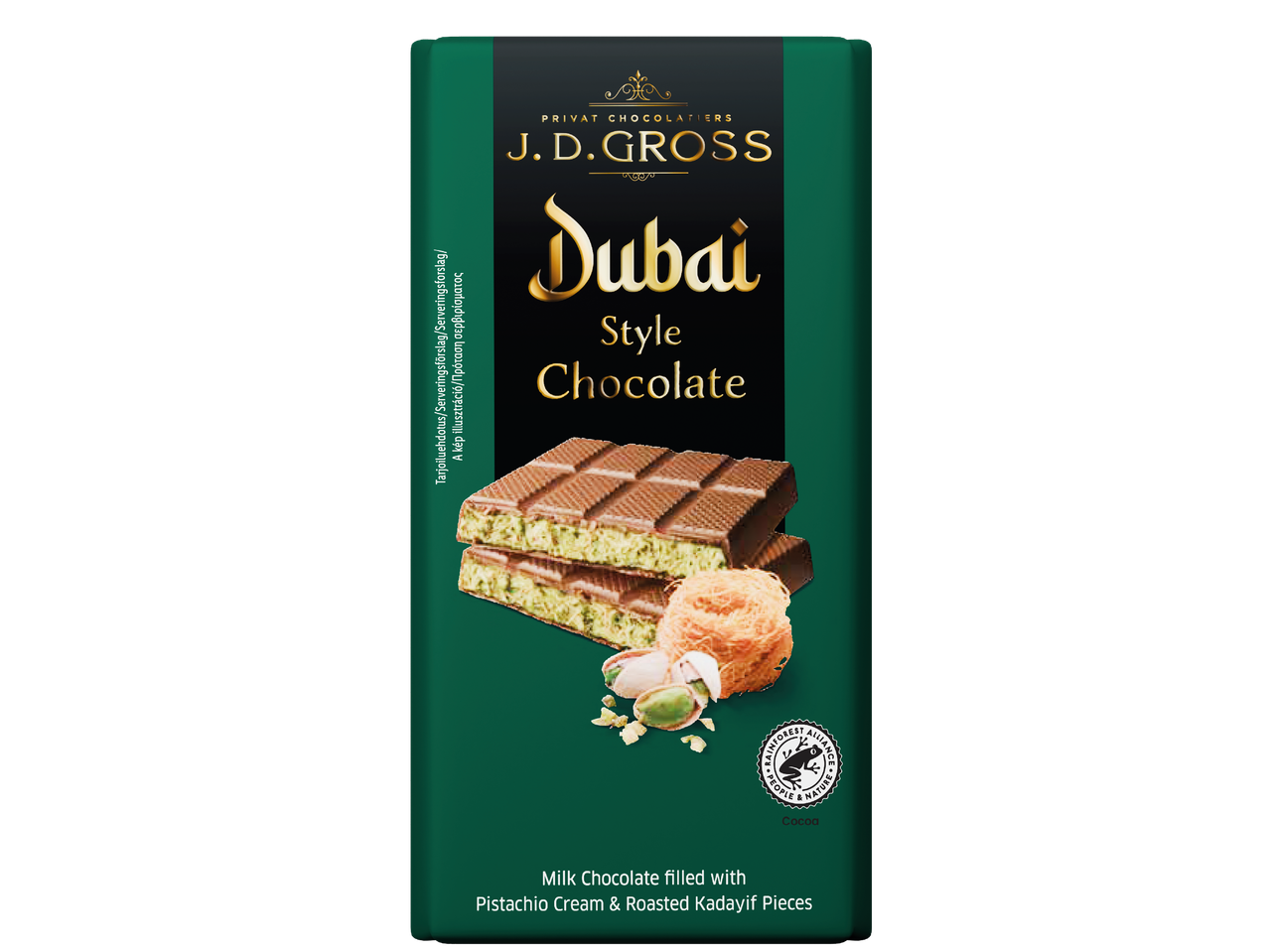 J.D. Gross Dubai Style Milk Chocolate med pistagekräm och rostade Kadayif-bitar.