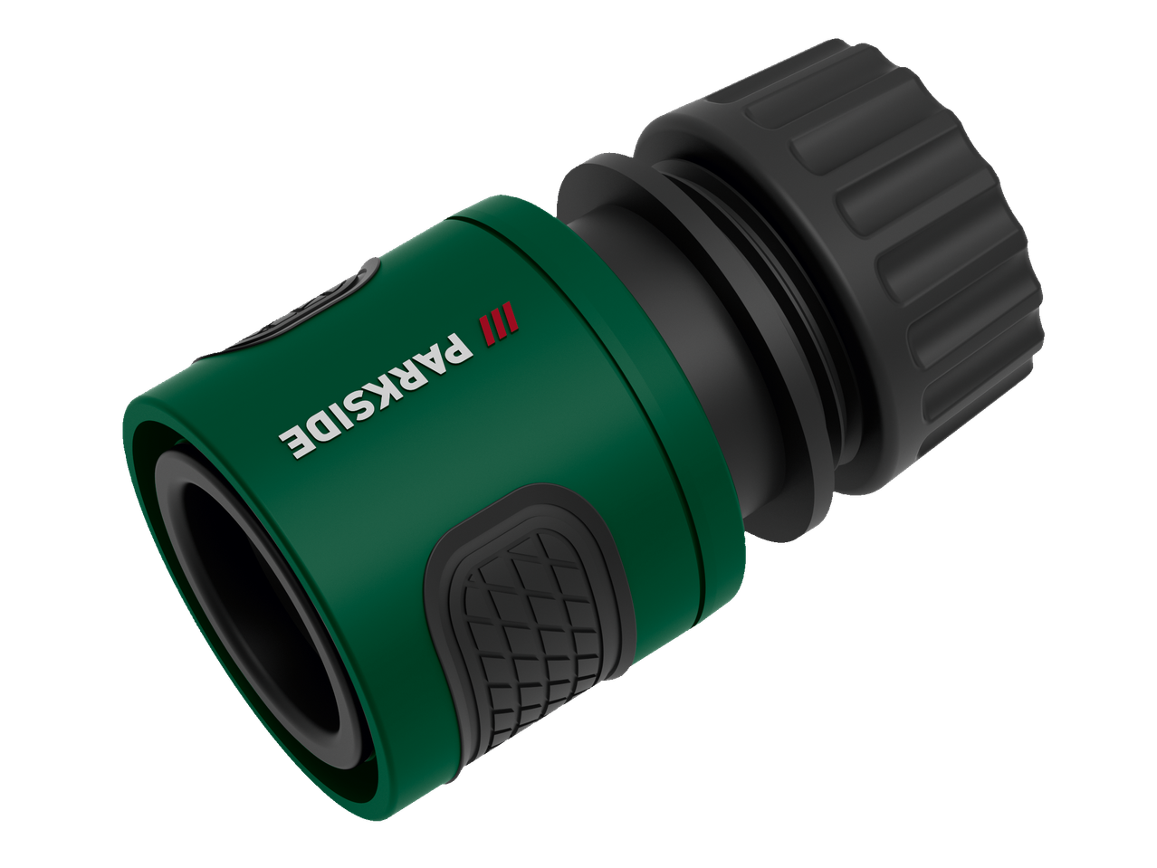 Green and black garden hose connector with textured grip and ribbed cap.