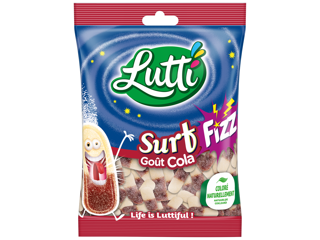 Sachet de bonbons gélifiés saveur cola, avec un personnage souriant et le texte 'Life is Luttiful!'