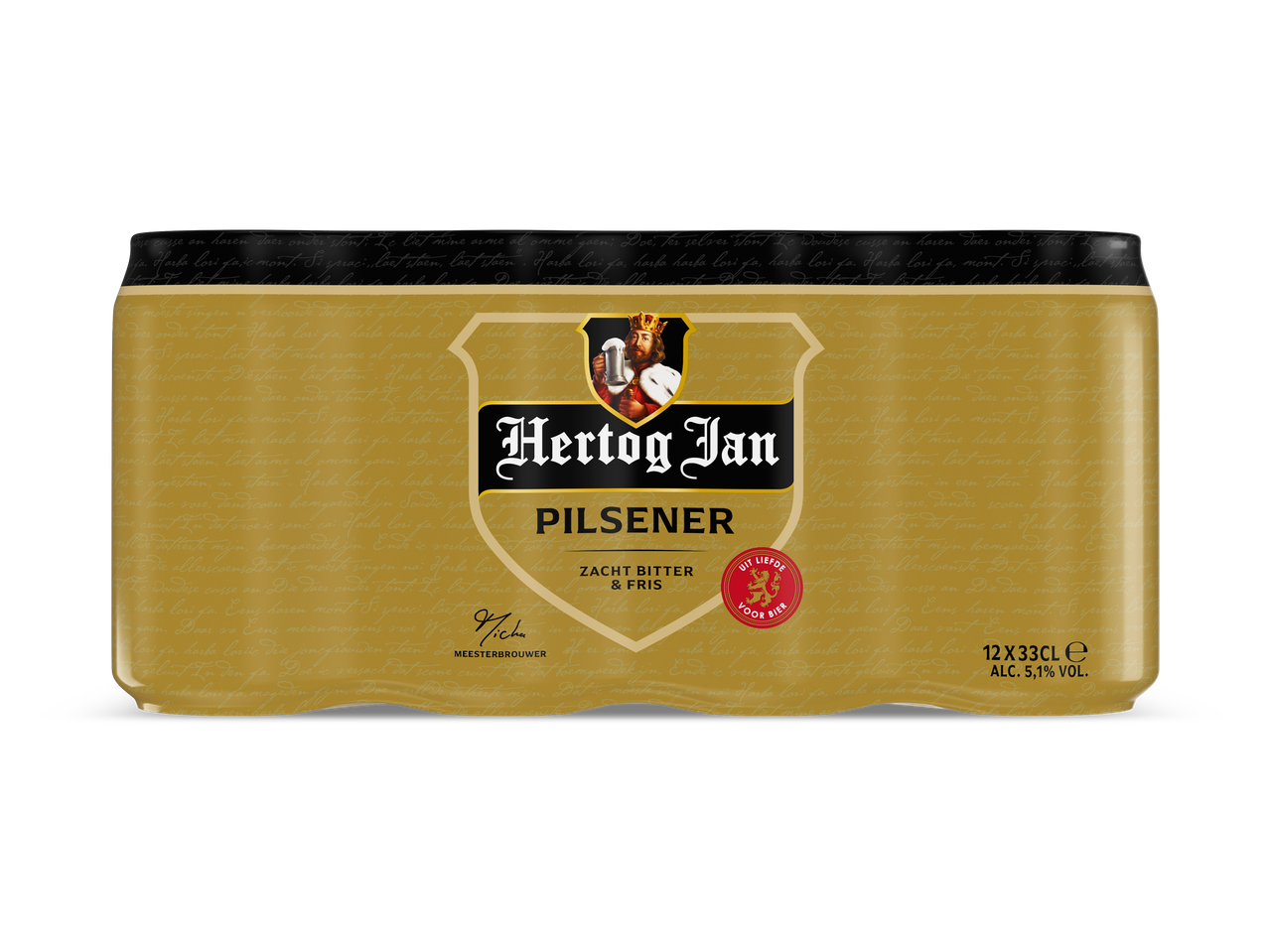 Een gouden verpakking met 12 blikjes pilsener bier, met een koning die een bierpul vasthoudt en de tekst 'Zacht Bitter & Fris'.