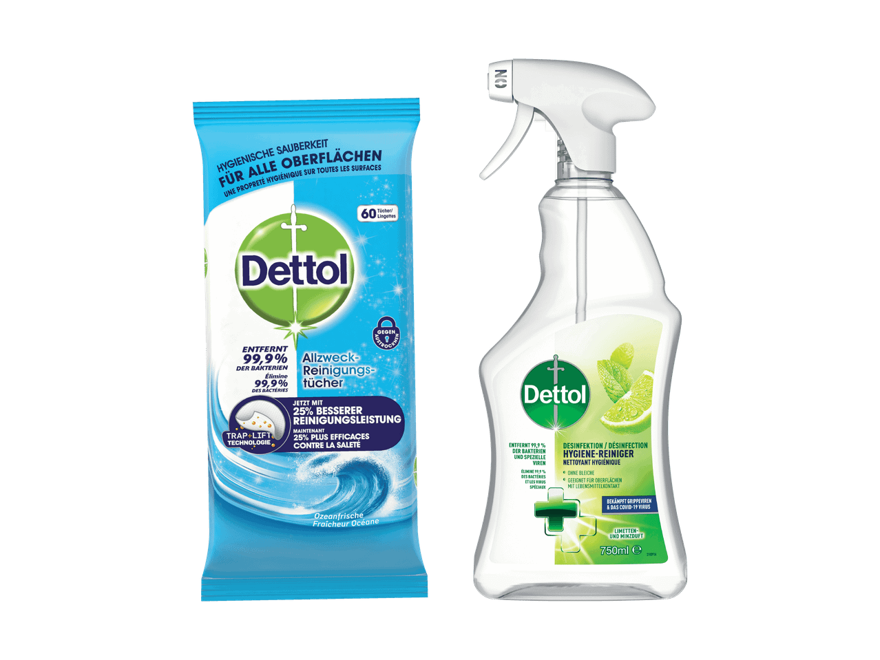 Dettol Allzweck-Reinigungstücher und Dettol Desinfektions-Hygiene-Reiniger mit Limetten- und Minzduft.