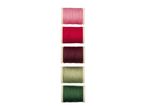 Five spools of sewing thread in shades of pink, red, burgundy, light green, and dark green