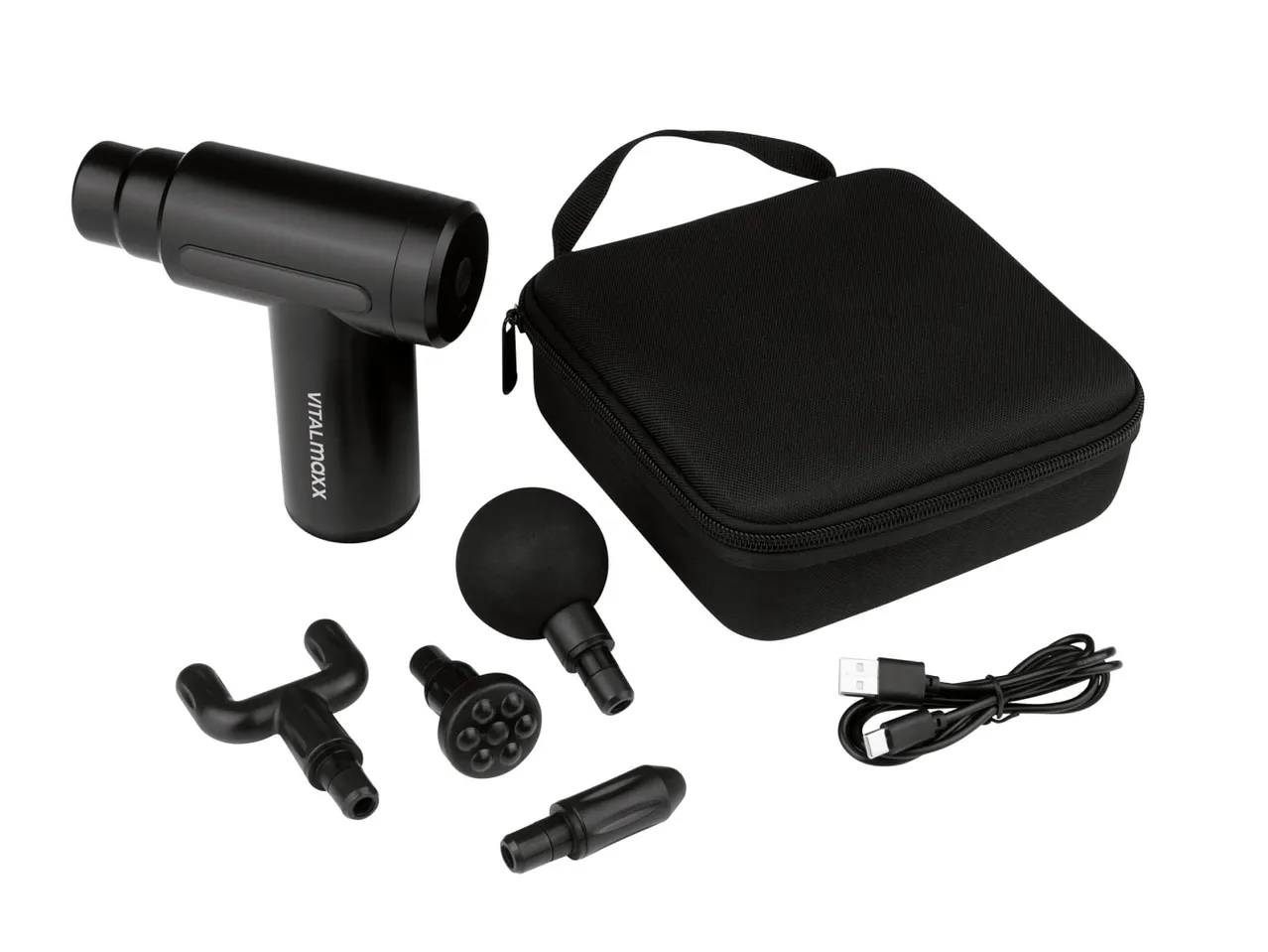 A black massage gun with various attachments, a carrying case, and a charging cable.