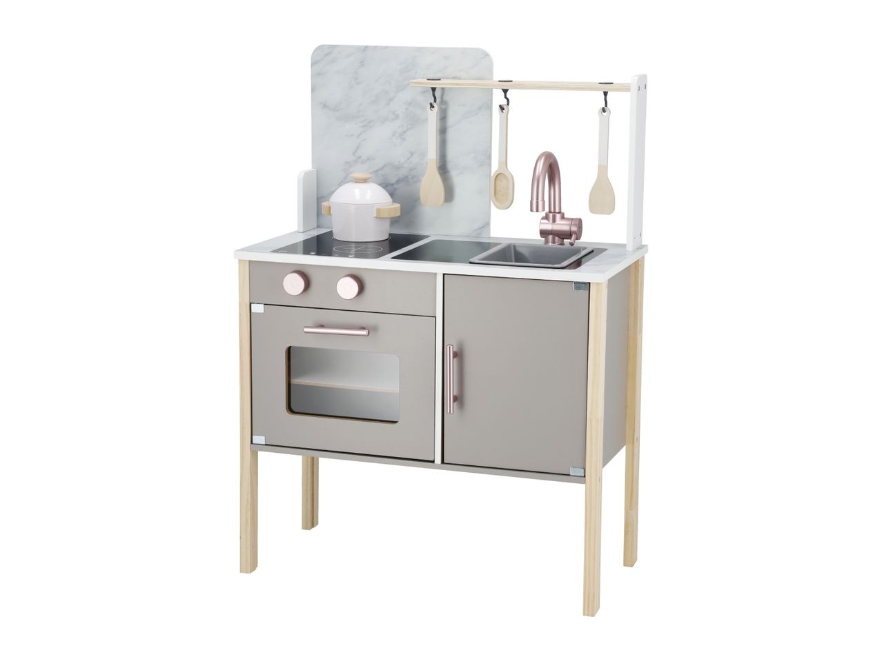 Grey and white toy kitchen with marble-effect backsplash, rose gold accents, and wooden utensils.