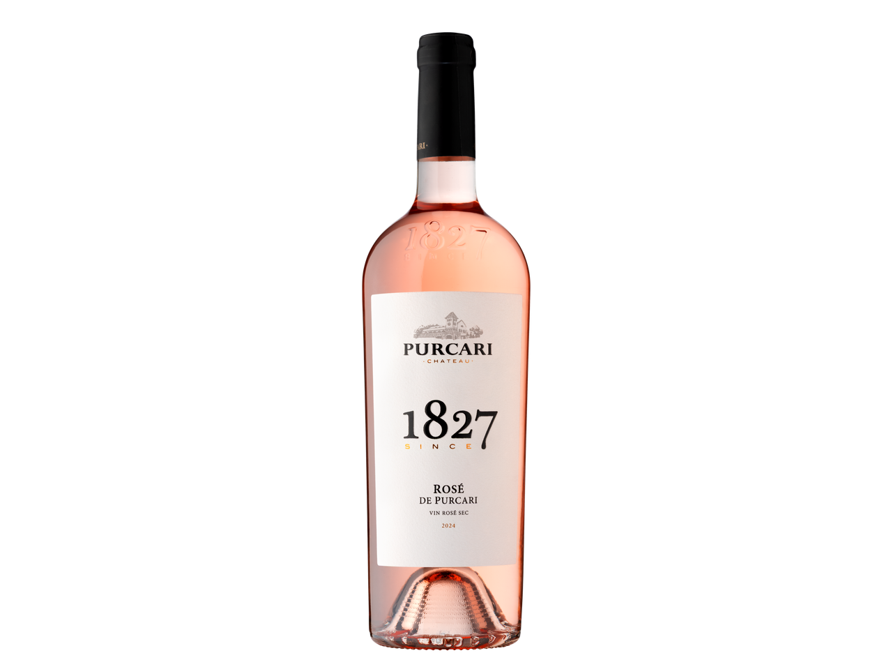O sticlă de vin rosé Purcari 1827 pe un fundal negru.