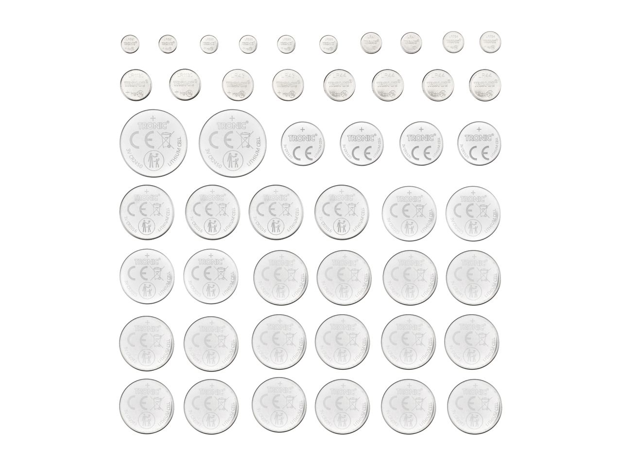 A variety of button cell batteries in different sizes arranged in rows.