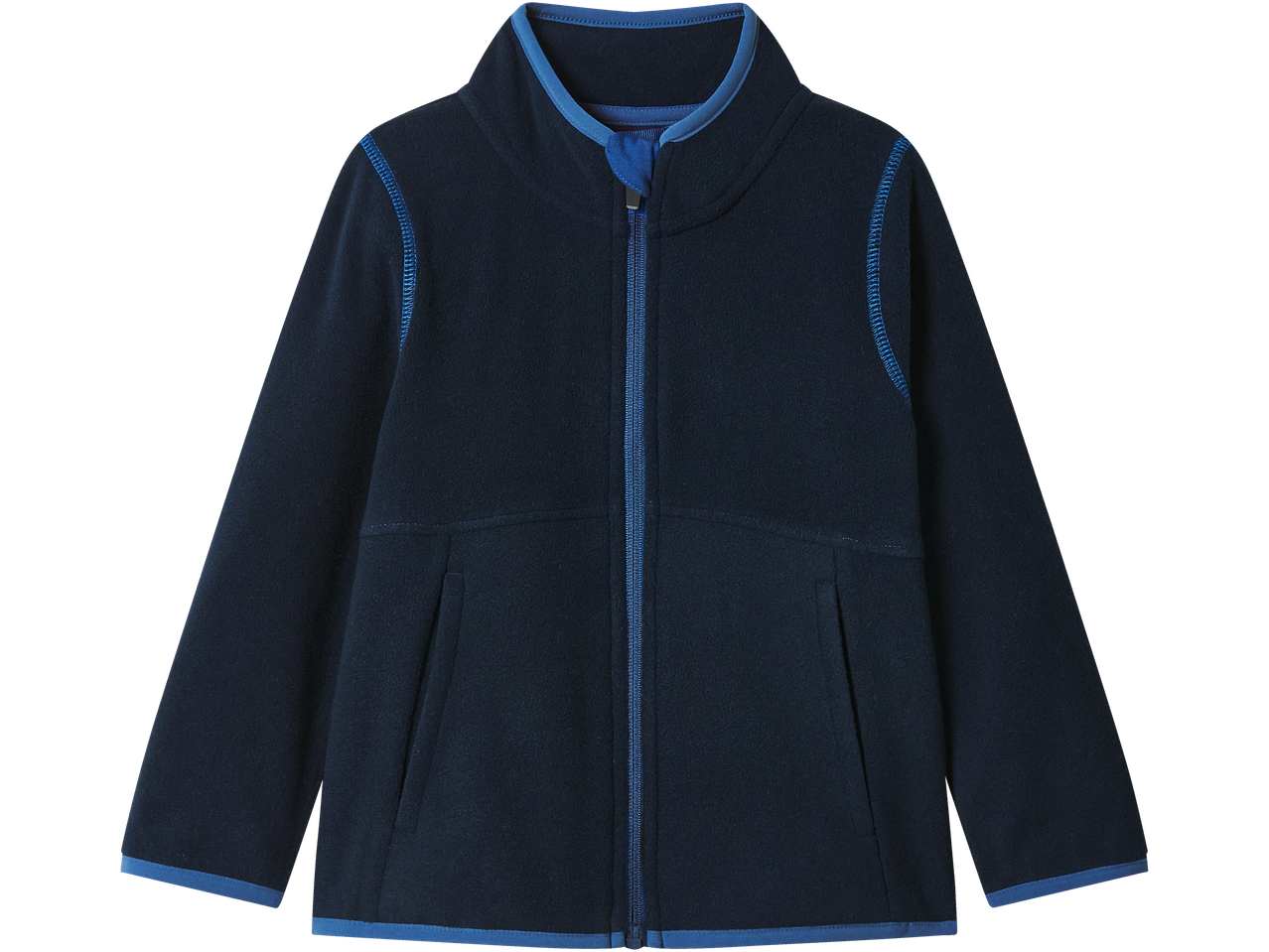 Tumesinine fliisjakk lukuga ja siniste detailidega.