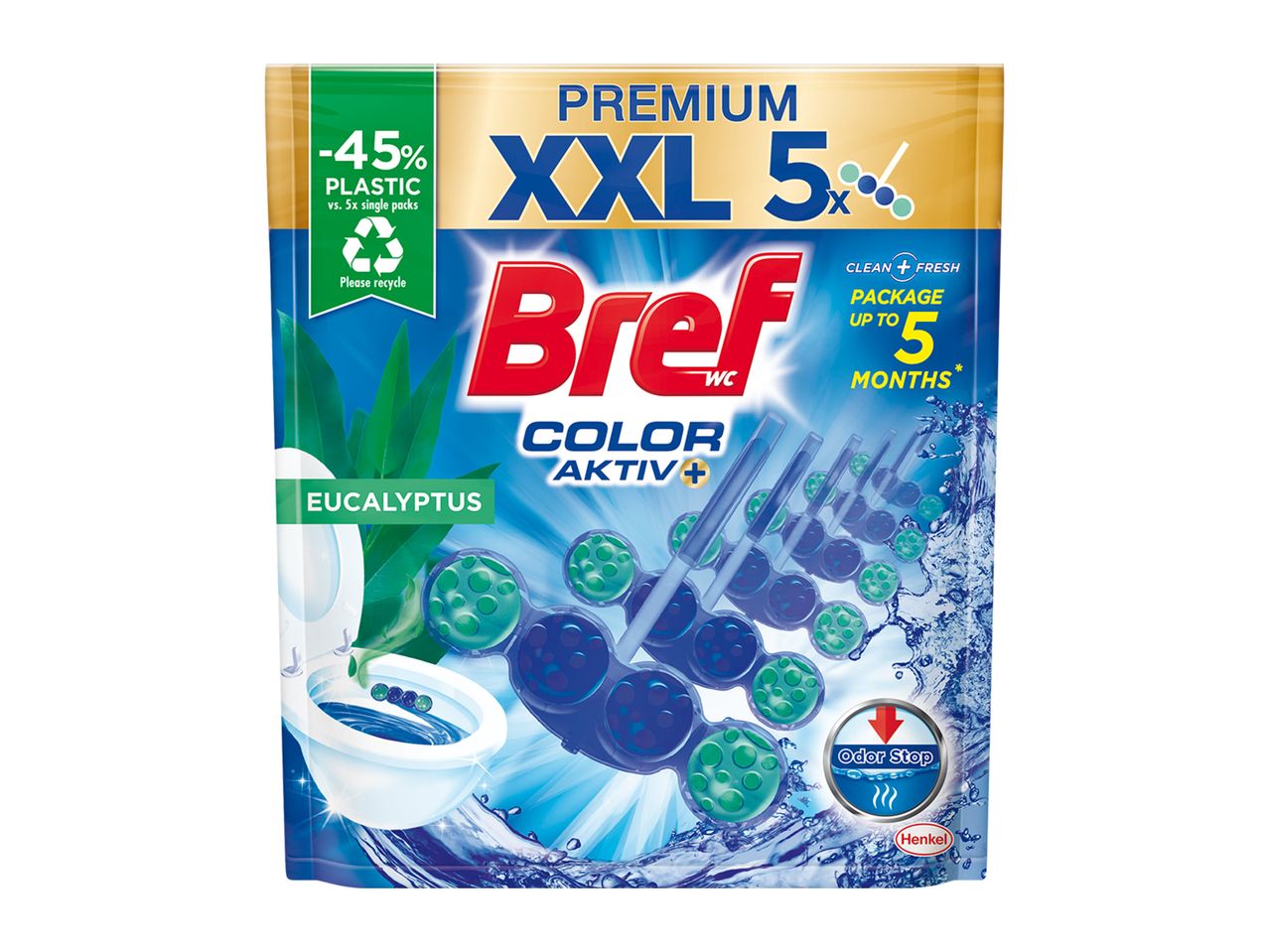 Ambalaj Bref WC Color Aktiv+ Eucalipt, cu 45% mai puțin plastic și durată de până la 5 luni.