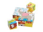 Children's wooden puzzle cubes with animal illustrations, including an elephant, crocodile, tiger, and parrot.