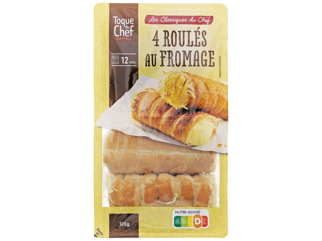 4 roulés au fromage Toque du Chef, prêts à cuire en 12 minutes.