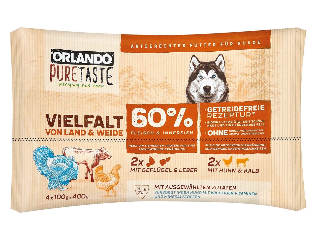 Orlando PureTaste: kutyaeledel, 60% hús, csirke és borjú.
