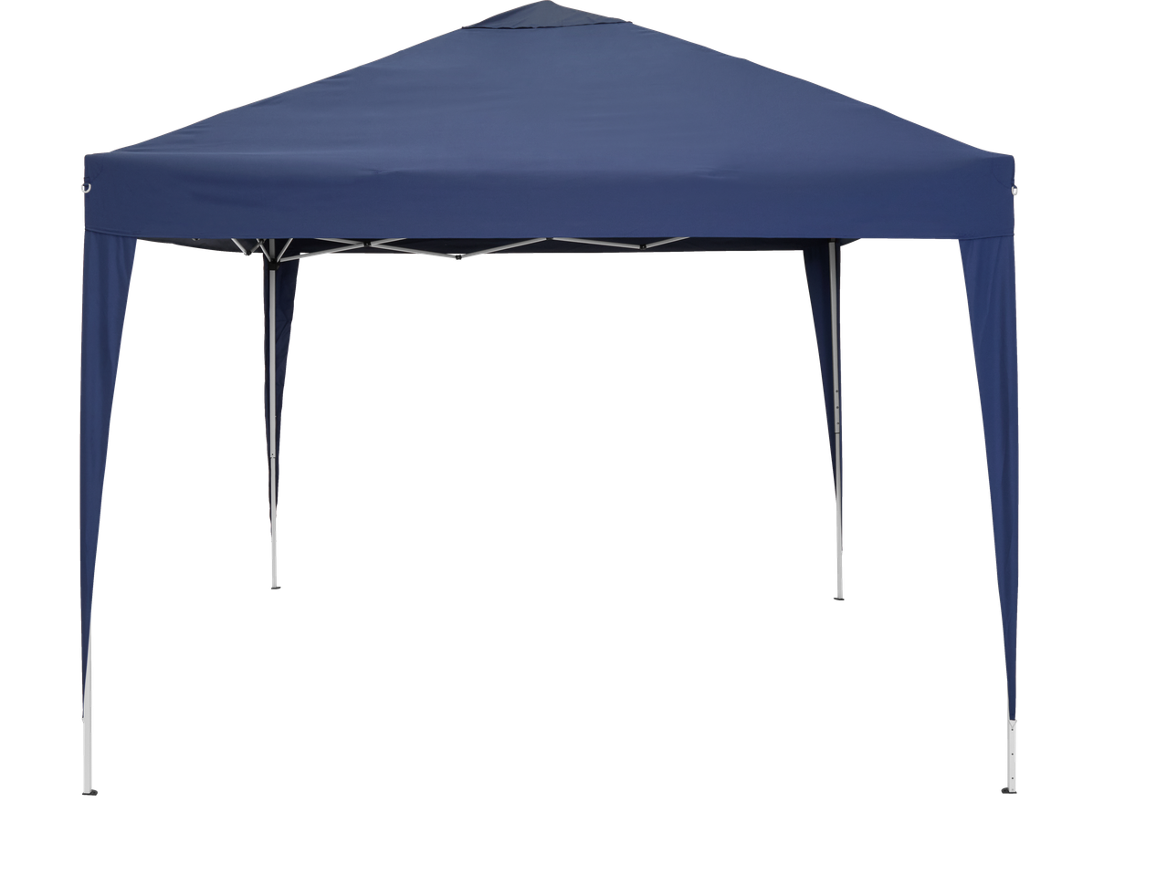 Navy blue pop-up gazebo with a peaked roof and white metal frame.
