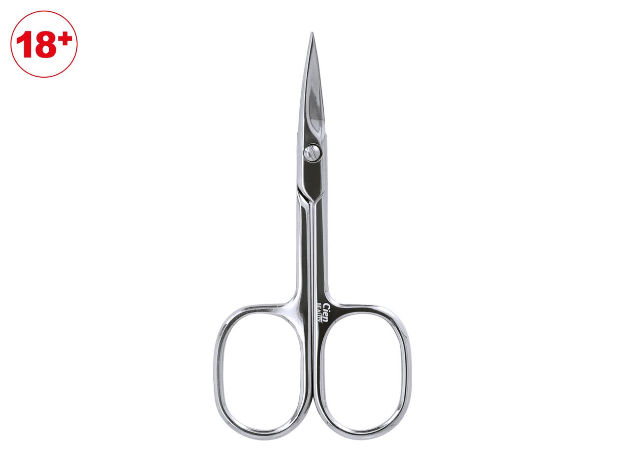 Small silver nail scissors with an 18+ age restriction symbol.