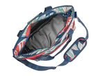 Open cooler bag with a colorful pattern and shoulder strap.