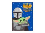 Father's Day card with a bounty hunter holding a small green alien, text reads 'To Dad on Father's Day...'