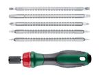 Screwdriver set with a ratchet handle and various interchangeable bits, including flathead, hex, Phillips, and Torx.