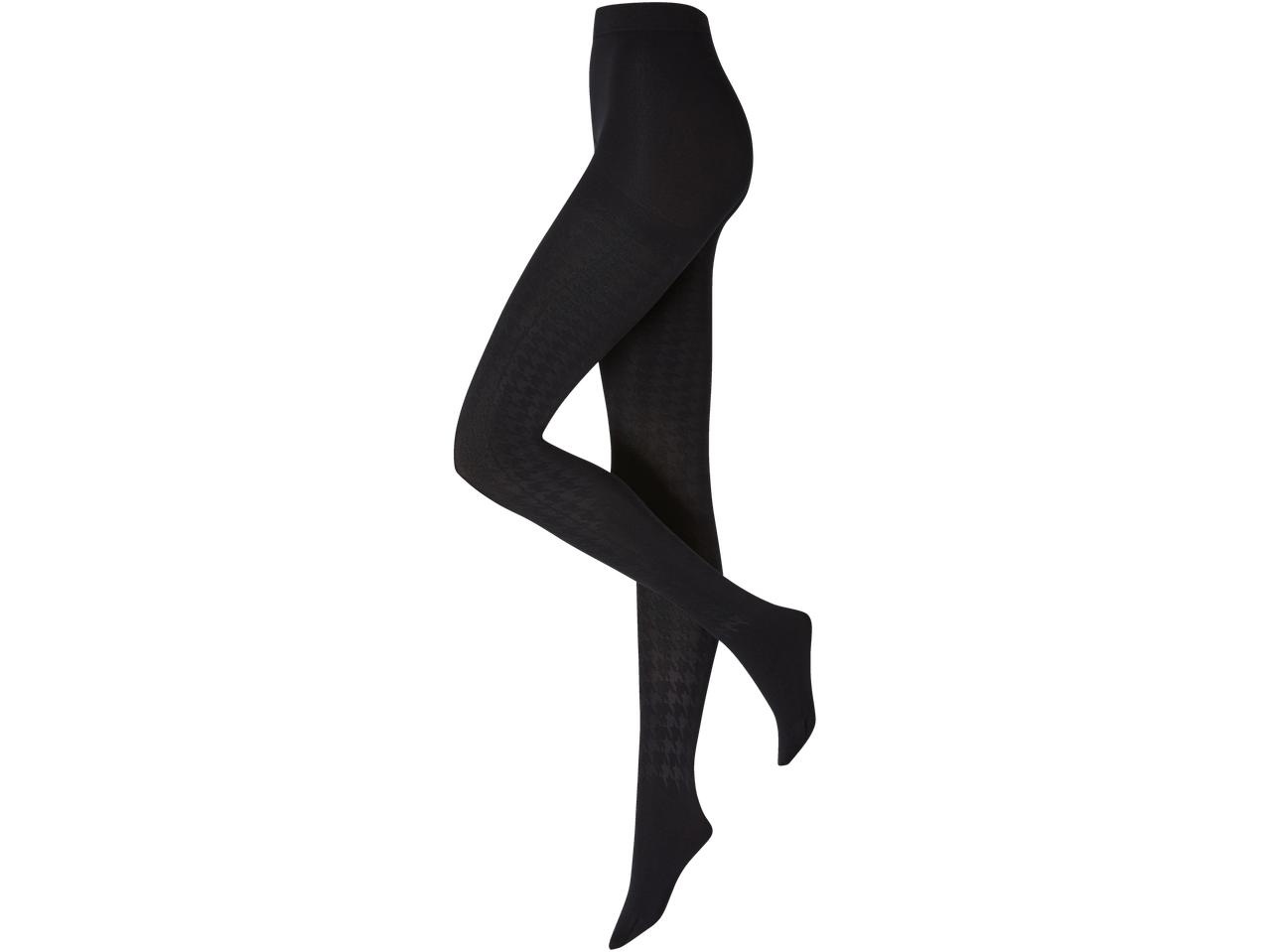 Mustad sukkpüksid peene koerakannuse mustriga mustal taustal.