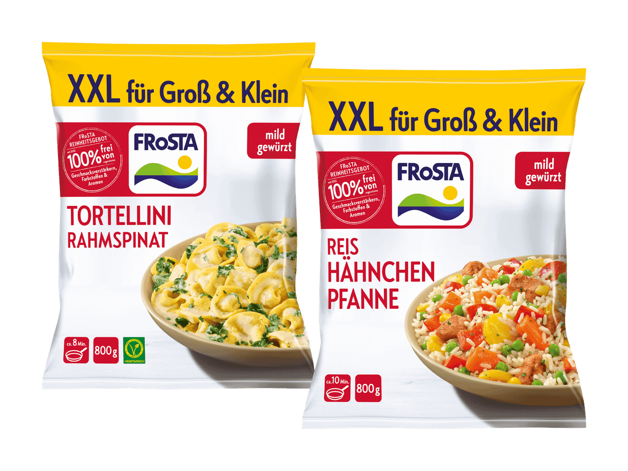 Zwei Frosta-XXL-Packungen: Tortellini Rahmspinat und Reis Hähnchen Pfanne.