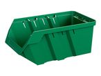 Green plastic storage bin with an open front, ideal for organizing small parts.