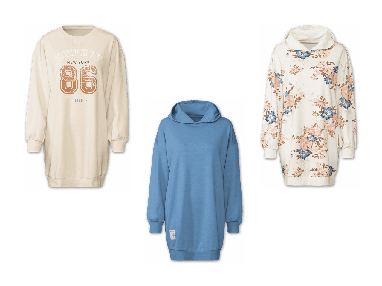 Drei lange Sweatshirts: ein beiges mit 'BKLYN 86'-Aufdruck, ein blaues und ein beiges mit Blumenmuster.