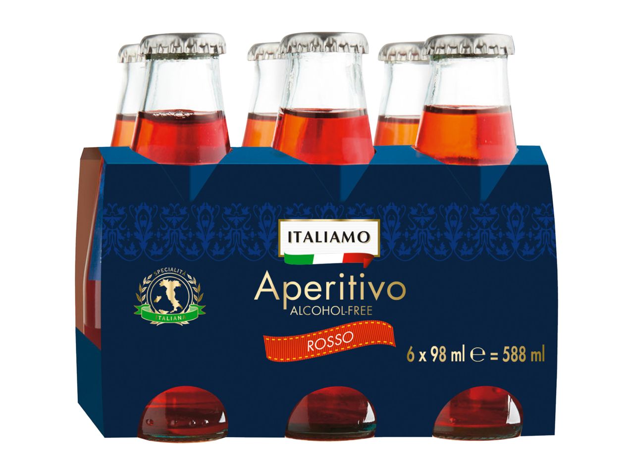 Six-pack of alcohol-free Italian aperitivo in small bottles, 6 x 98 ml = 588 ml.