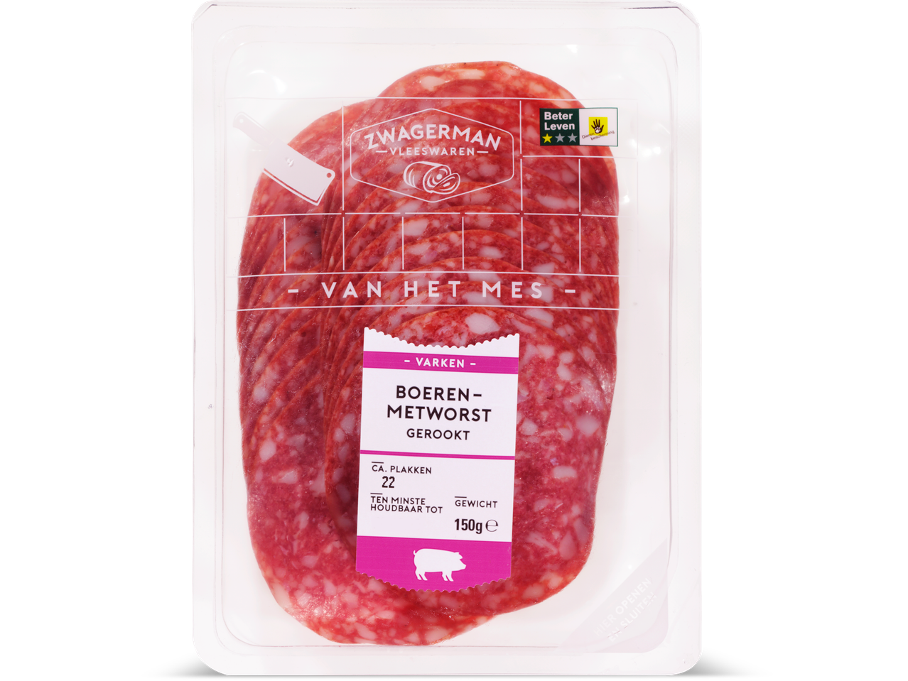 Zwagernan gerookte boerenmetworst in plastic verpakking.