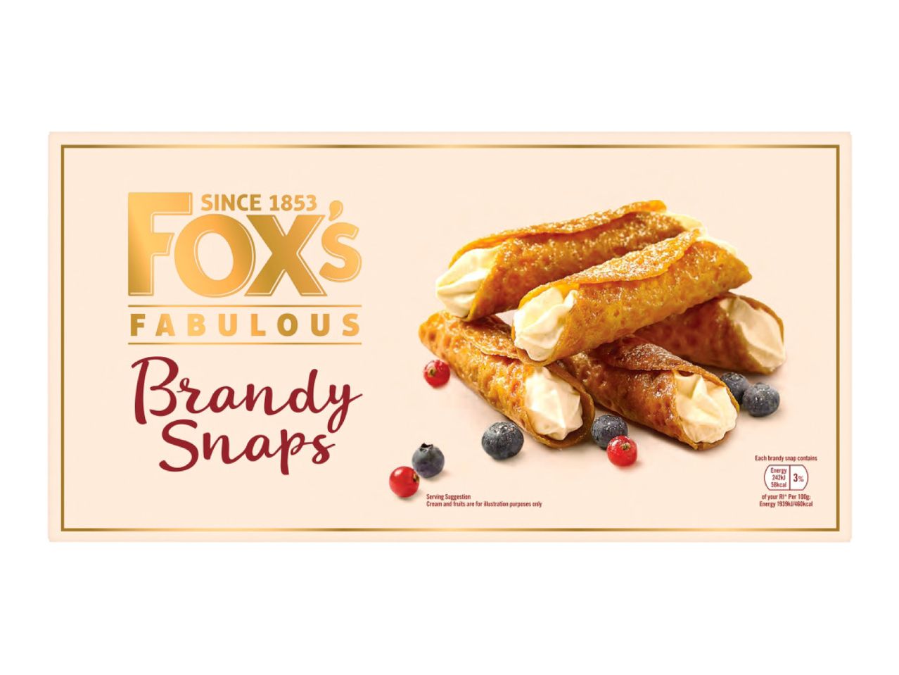 Fox's Fabulous Brandy Snaps with cream and berries, showing nutritional information.