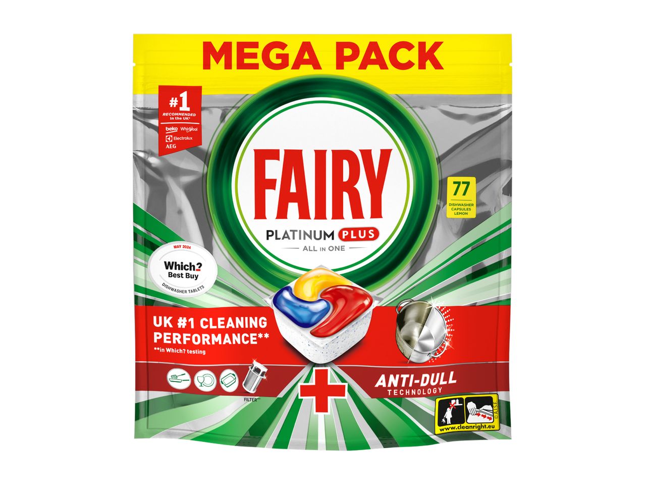 Fairy Platinum Plus dishwasher capsules in a mega pack, lemon scent, 77 capsules.