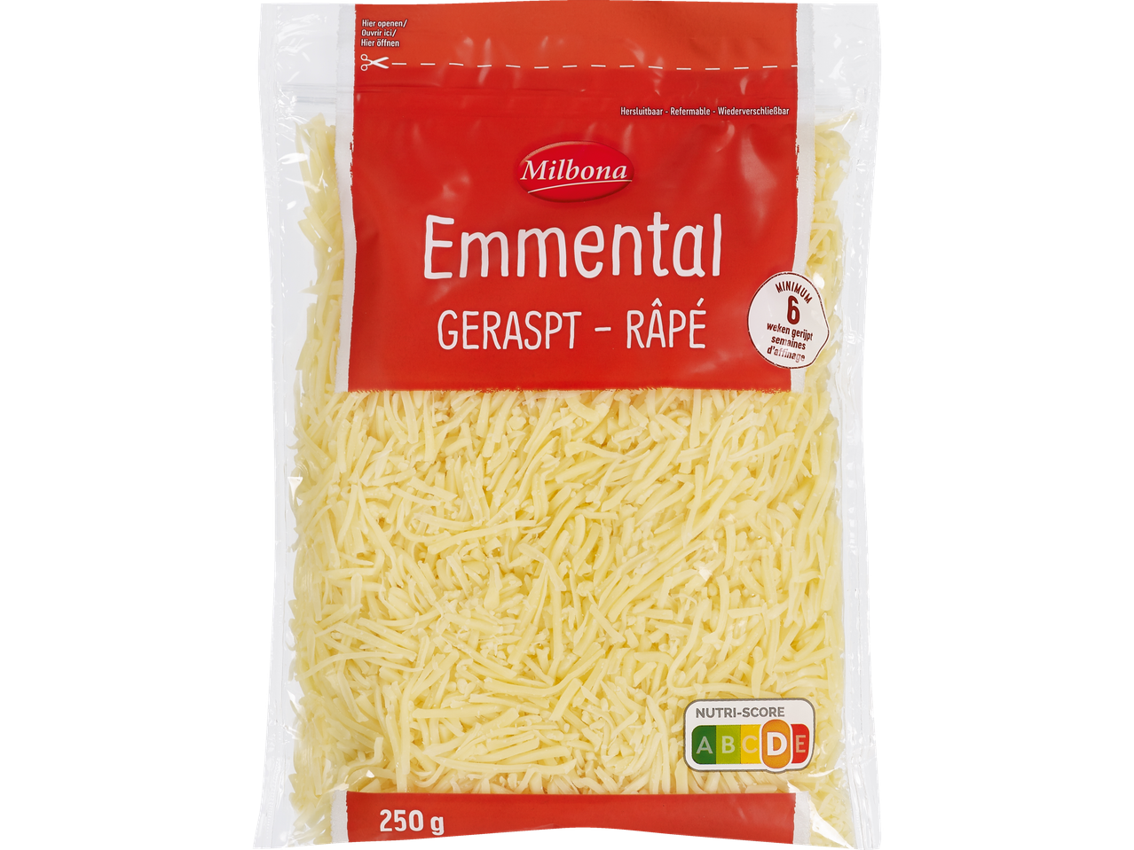 Fromage Emmental râpé Milbona dans un sac en plastique transparent