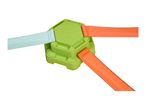 Green hexagonal toy connector with three attached colorful plastic play pieces.