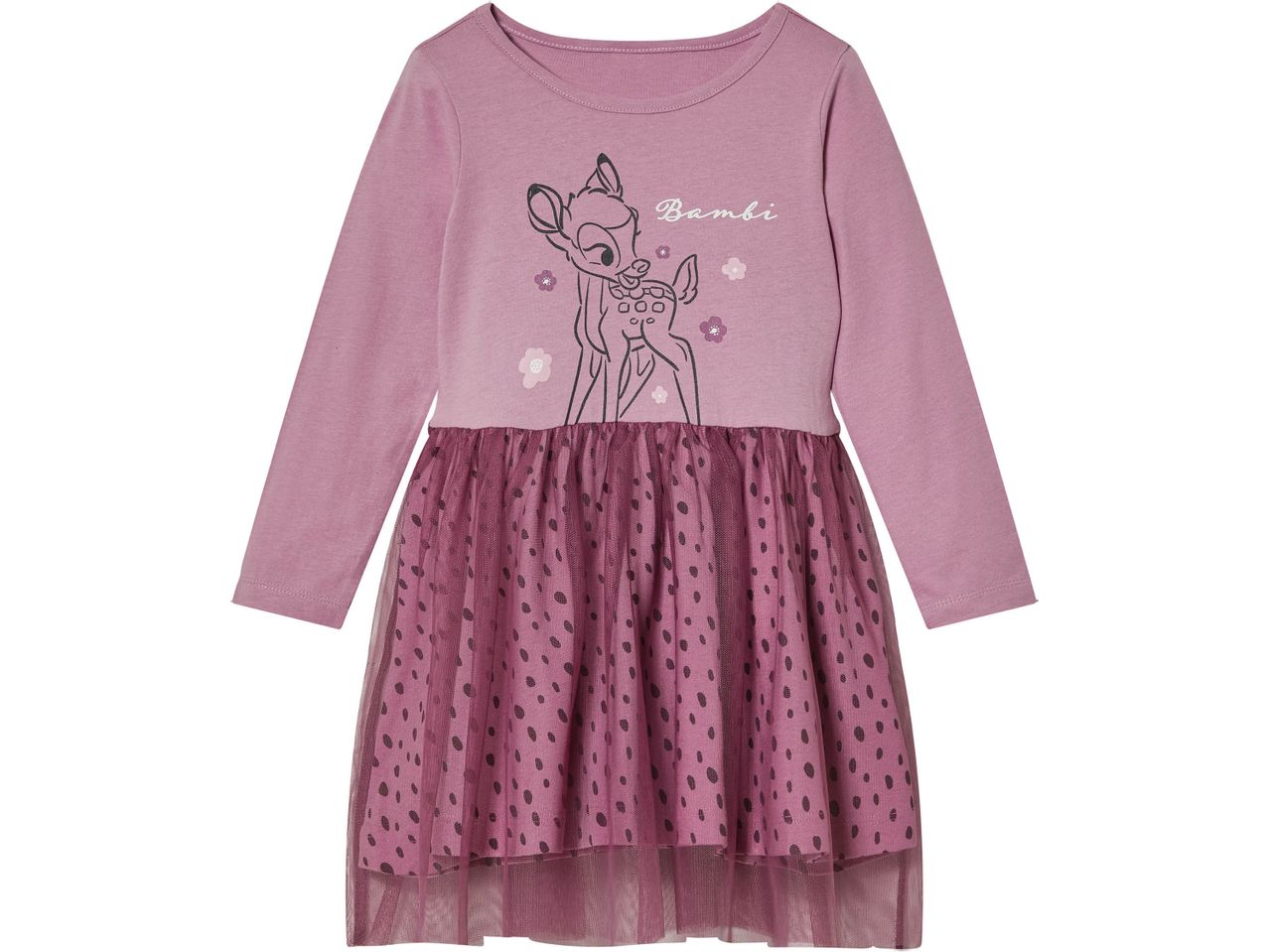 Vestito rosa per bambina con stampa Bambi e gonna a pois.