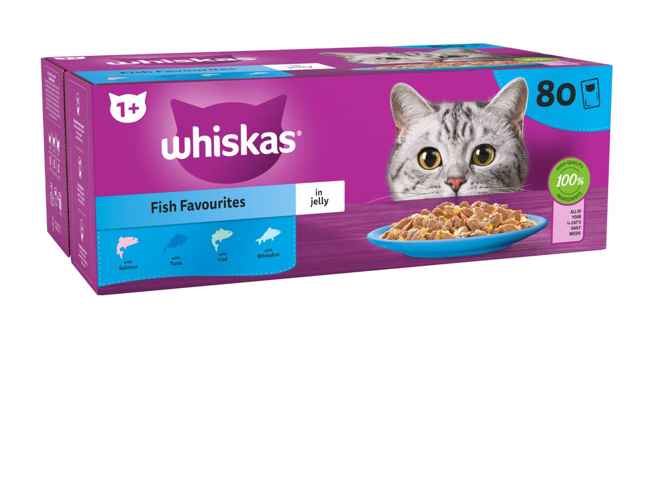 Whiskas Fish Favourites cat food box with a cat's face and a bowl of food.