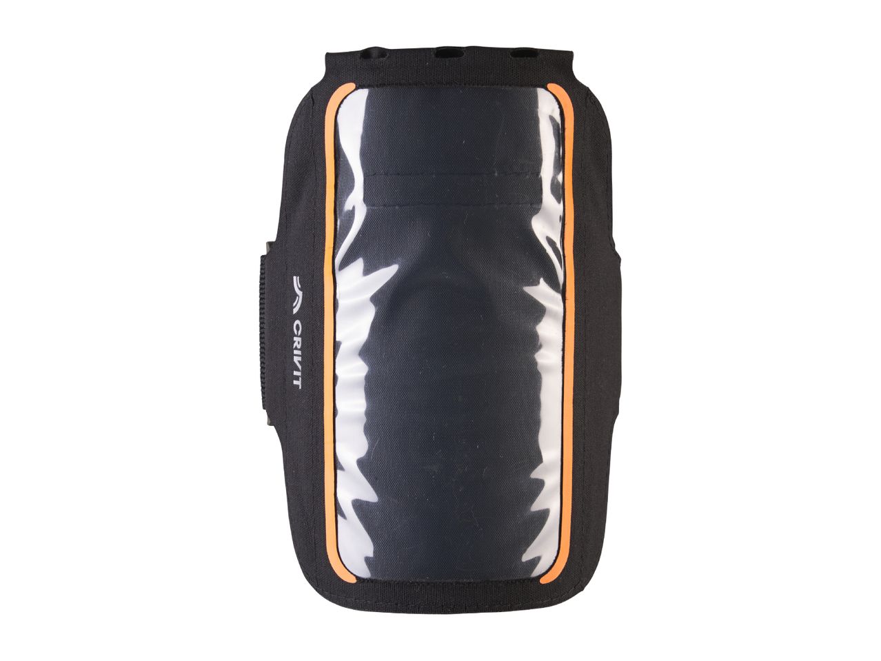 Black and orange sports armband with a clear phone window.