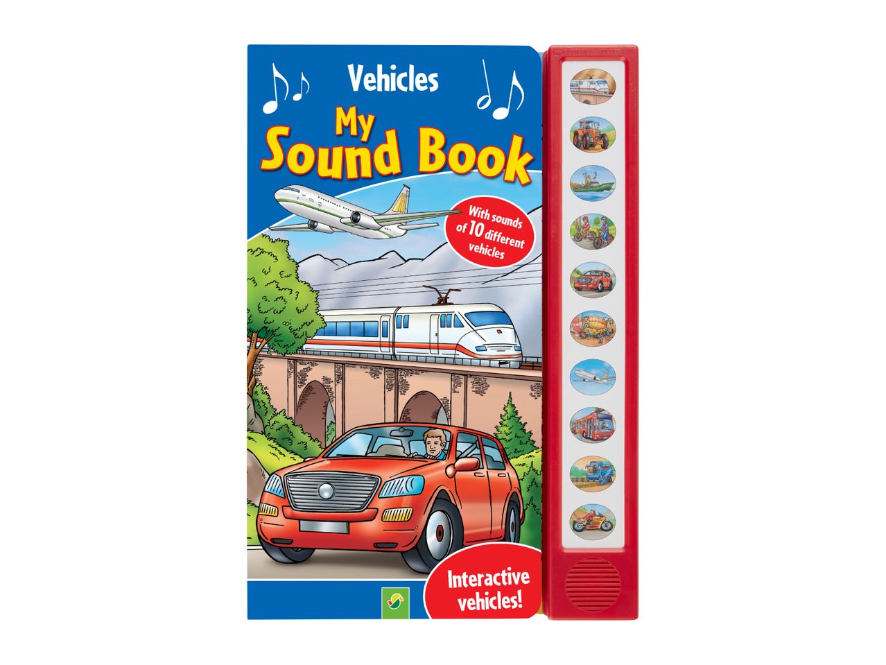Children's sound book featuring various vehicles like cars, planes, and trains, with 10 different sounds.