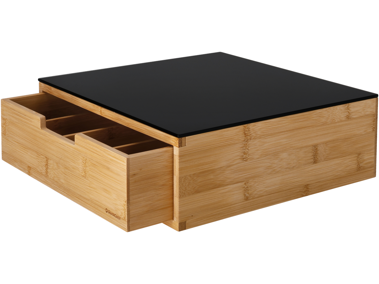 Επιφάνεια κοπής μπαμπού SILVERCREST με συρτάρι και μαύρη γυάλινη επιφάνεια.