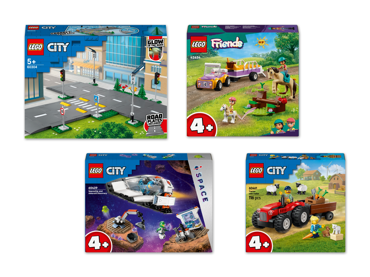 Vier LEGO-Boxen, darunter LEGO City Straßenplatten, LEGO Friends Pferdetransporter, LEGO City Raumschiff und LEGO City Traktor.