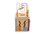 Wooden activity cube with a bead maze, forest animal illustrations, and shape sorters.