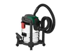 A wet and dry vacuum cleaner with a stainless steel tank, green and black top, and a black hose.