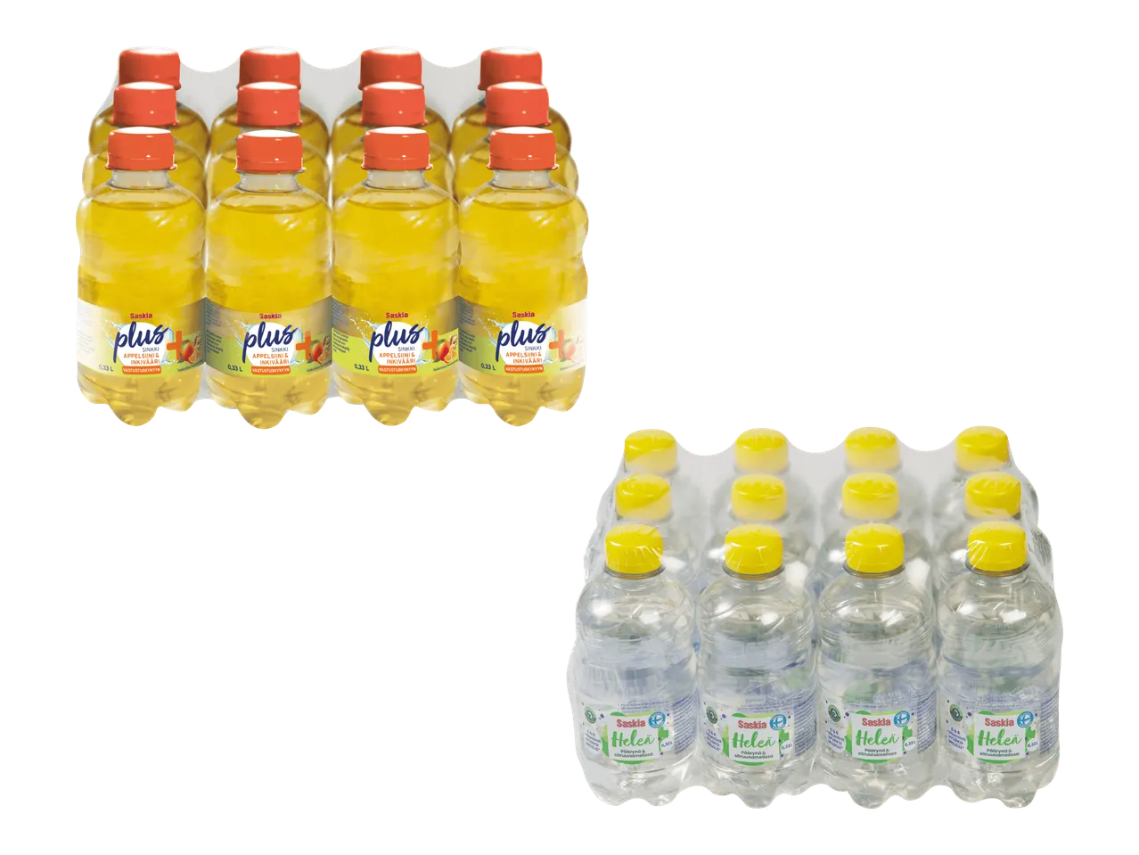 Kaksi pakkausta juomia: keltainen inkivääri-appelsiinijuoma ja kirkas päärynä-sitruunamelissajuoma.