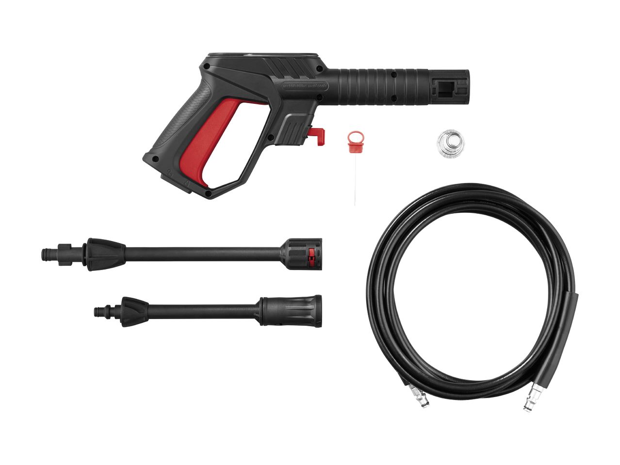 Pressure washer gun with two wands, hose, and accessories.
