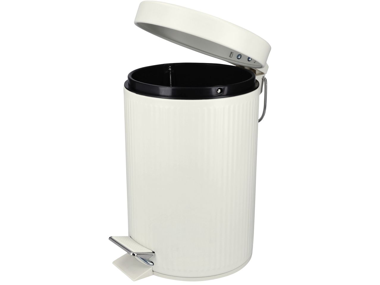 Кръгъл кош за отпадъци с педал в кремав цвят, с отворен капак и черна вътрешна кофа