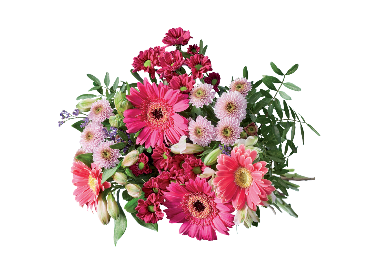 Un buchet frumos de garoafe gerbera, crizanteme și crini.