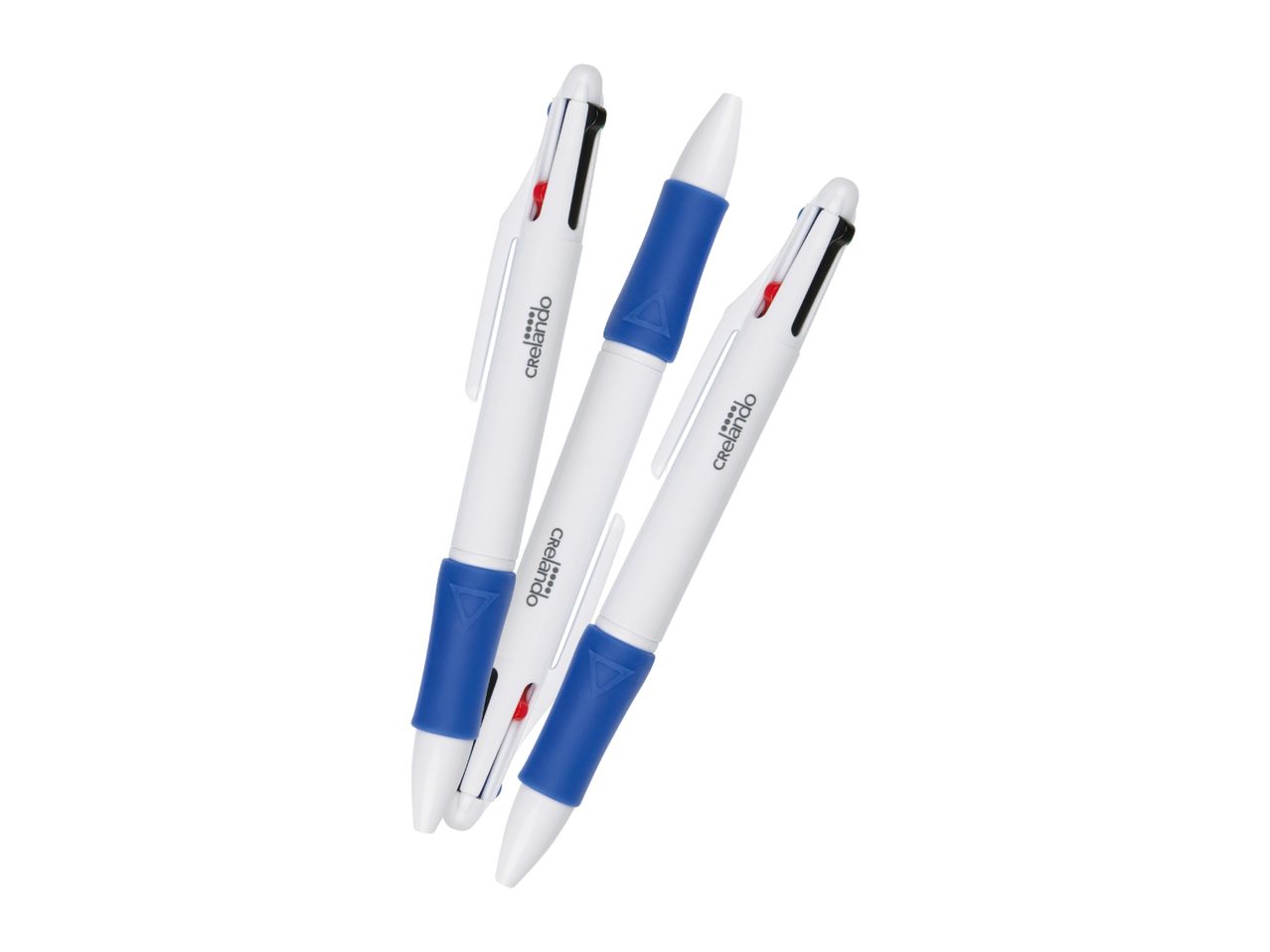 Three Crelando four-color ballpoint pens with blue accents are stacked.