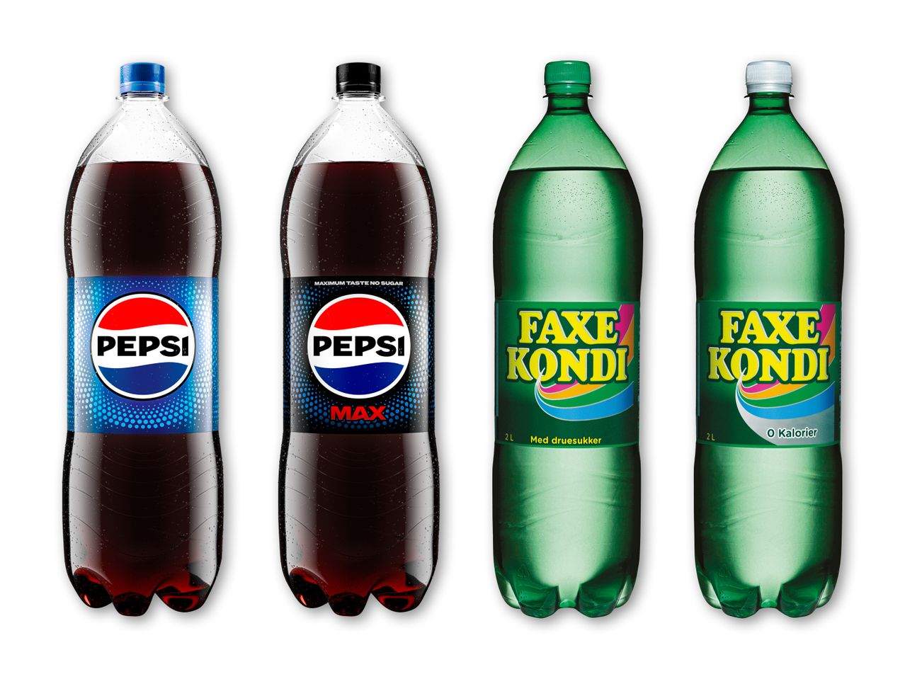 Pepsi Max og Faxe Kondi flasker i forskellige varianter.