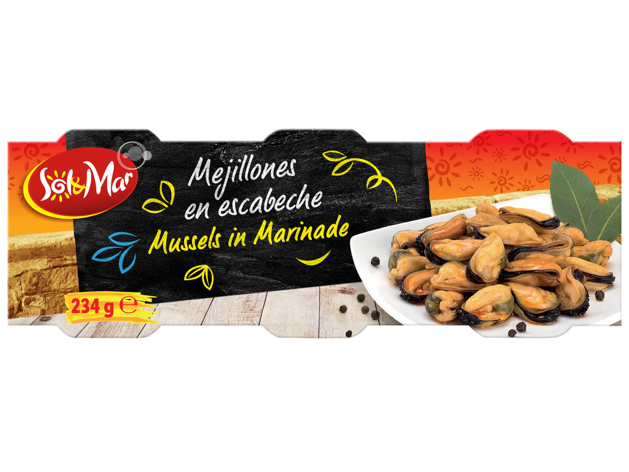 Миди в марината, сервирани на бяла чиния, с текст „Mejillones en escabeche“.