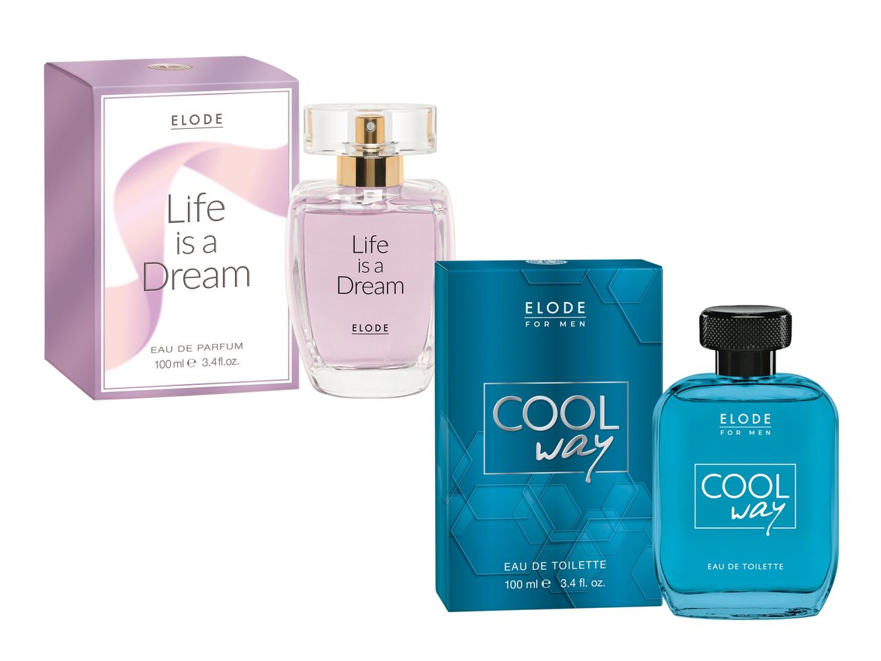 Două seturi de parfumuri Elode, unul cu tema „Life is a Dream” și celălalt „Cool Way”.