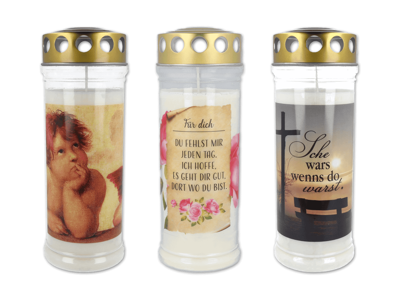 Drei Grablichter mit verschiedenen Motiven: Engel, Spruch „Für dich du fehlst mir jeden Tag. Ich hoffe, es geht dir gut, dort wo du bist.“ und Kreuz mit Spruch „Sche wars wenns do warst.“