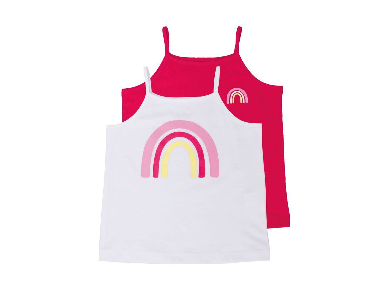 To camisole-toppe, en hvid med en stor regnbue og en pink med en lille regnbue.
