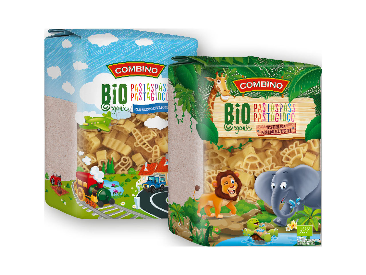 Due confezioni di pasta biologica Combino, una con forme di veicoli e l'altra con forme di animali.